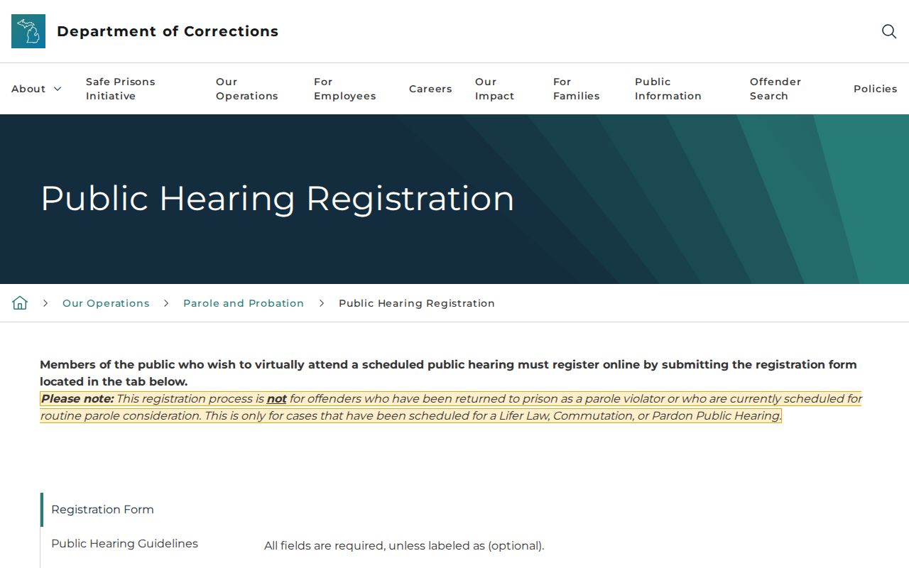 Michigan public hearing registration for Mecosta County parole matters